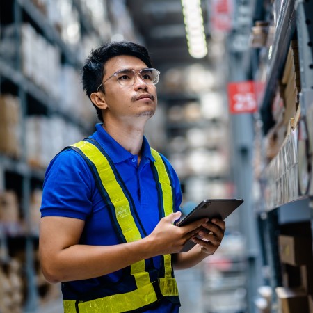 man looking for boxes