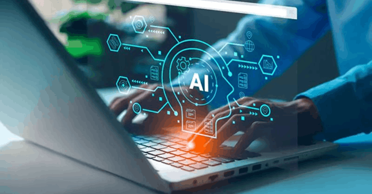 Digital AI diagram showing in front of hands typing on laptop