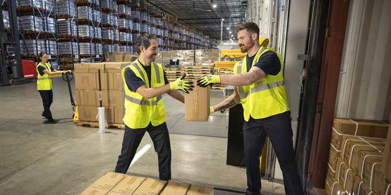 Warehouse employees moving boxes