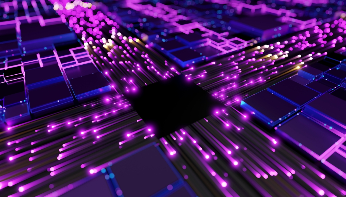 Purple circuit grid of lights